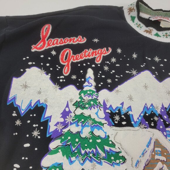 Vintage 90s Black Ugly Christmas Sweatshirt Puff Print Seasons Greetings sz L - Picture 2 of 11